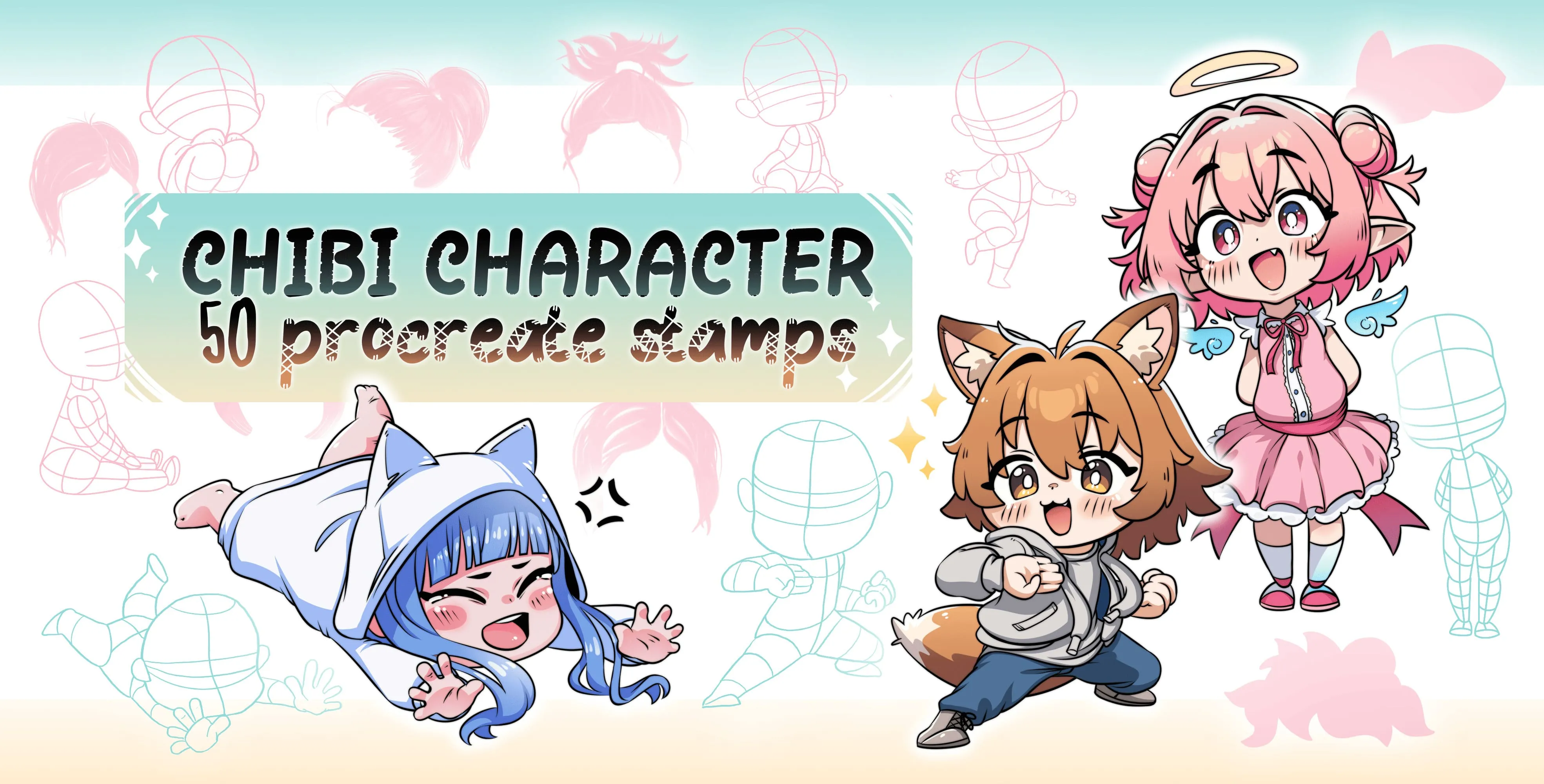 Chibi Character Procreate brush set — 50 brushes, anime & cute art
