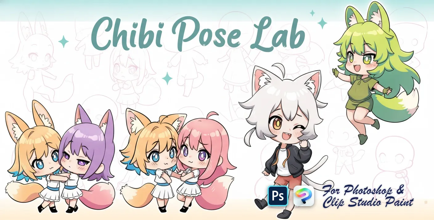 Chibi Pose Lab Photoshop & Clip Studio Paint brush set — 54 brushes, anime & cartoon