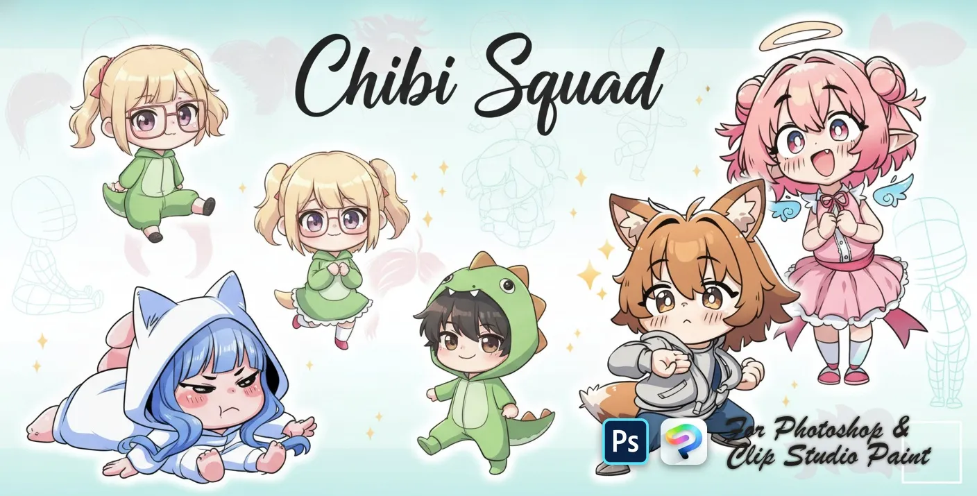 Chibi Squad Photoshop & Clip Studio Paint brush set — 50 brushes, anime & cute art
