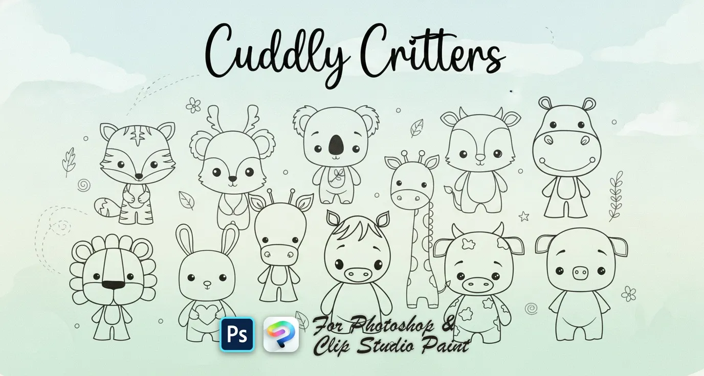 Cuddly Critters Photoshop & Clip Studio Paint brush set — 15 brushes, animal & cute art