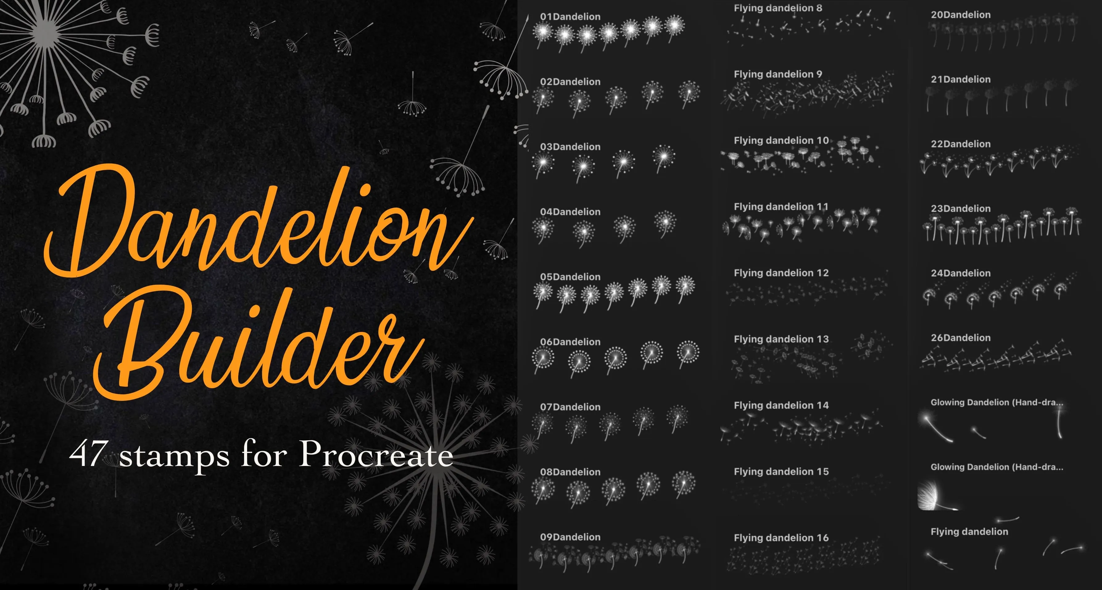 Dandelion Builder Procreate brush set — 46 brushes, flowers & cute art