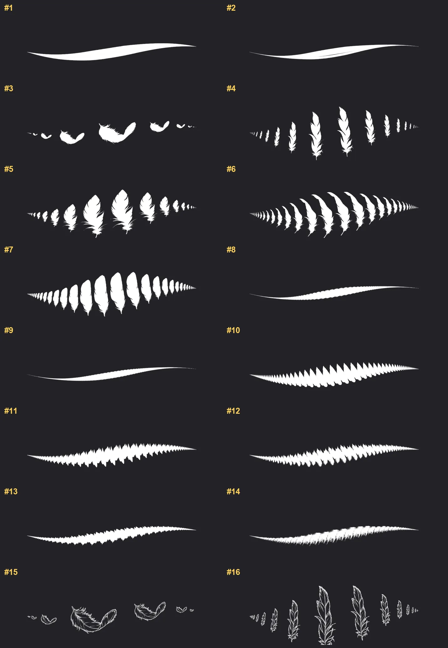 Feathers Procreate brushes overview sheet 1