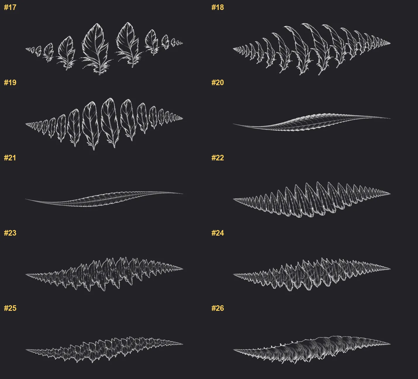Feathers Procreate brushes overview sheet 2