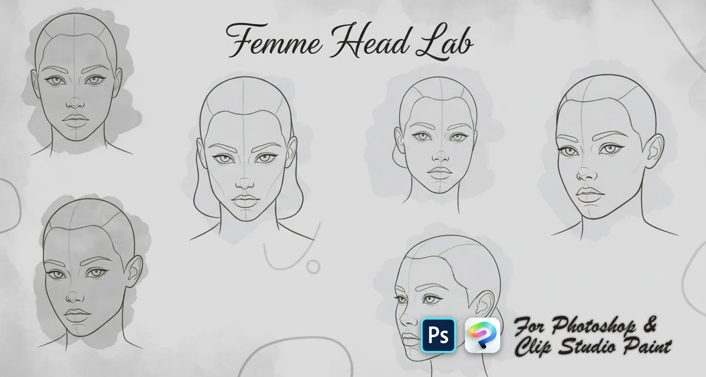 Femme Head Lab Photoshop & Clip Studio Paint brush set — 35 brushes, portrait & reference