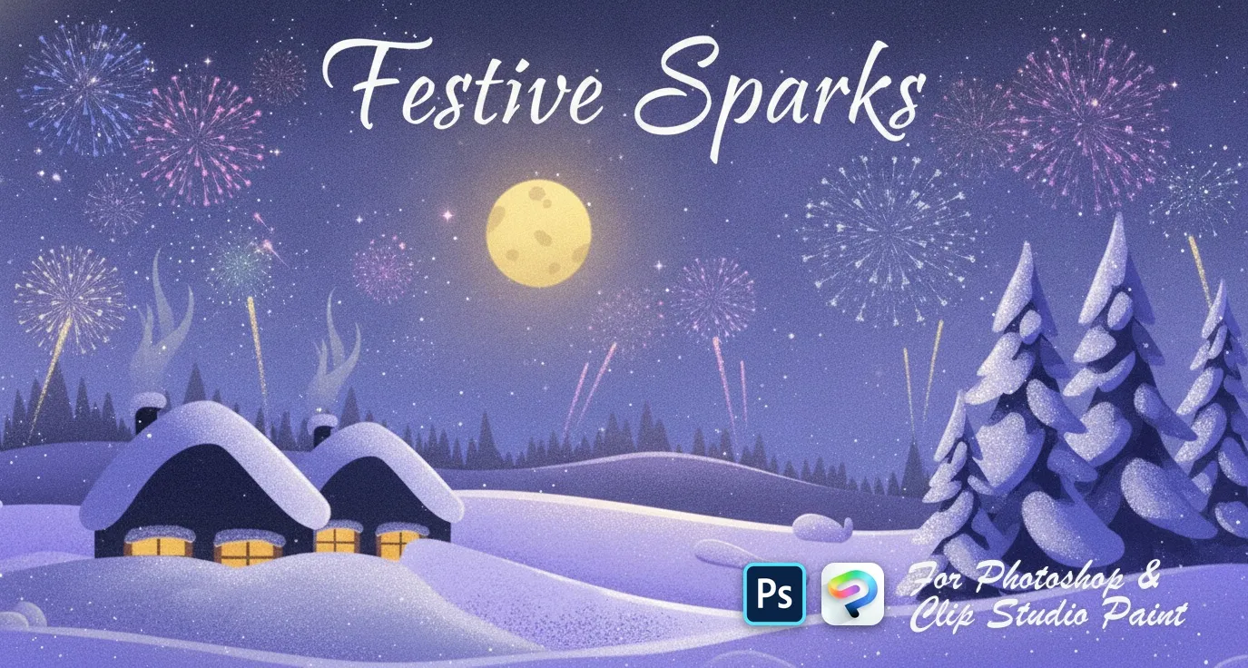 Festive Sparks Photoshop & Clip Studio Paint brush set — 17 brushes, landscape & decoration