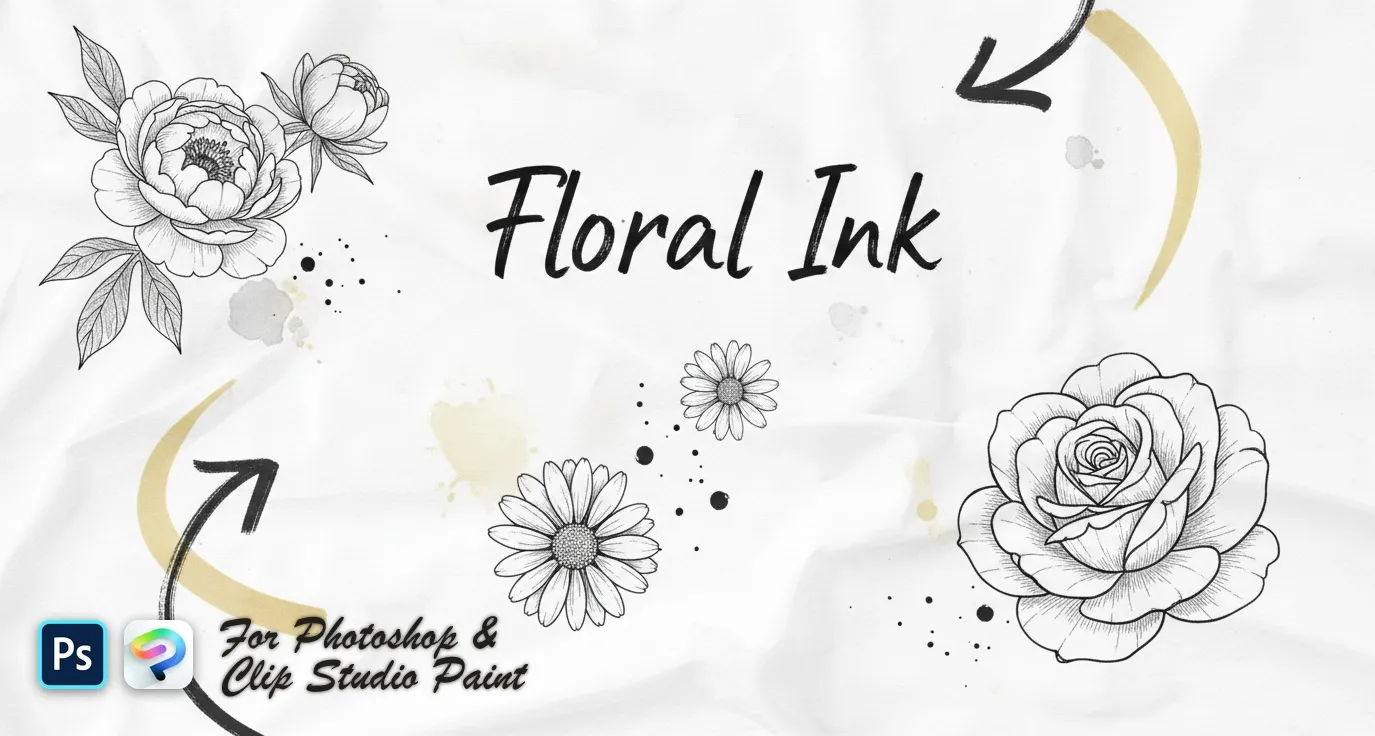 Floral Ink Photoshop & Clip Studio Paint brush set — 33 brushes, tattoo & flowers