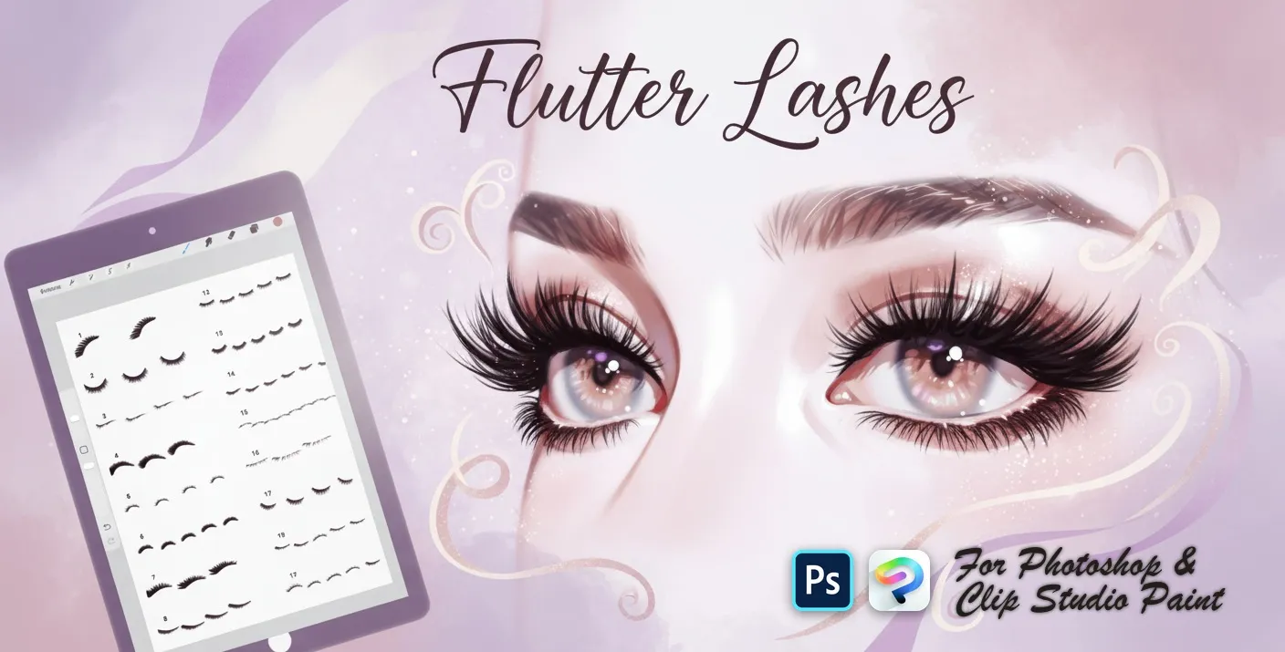 Flutter Lashes Photoshop & Clip Studio Paint brush set — 46 brushes, portrait & fashion