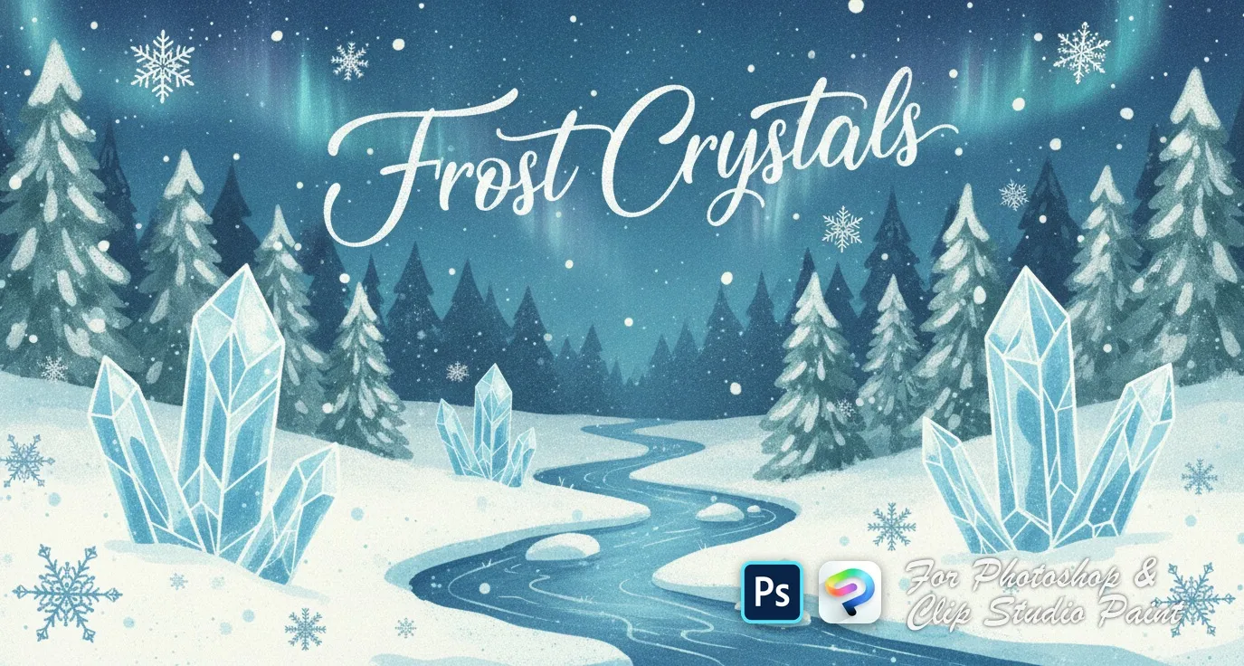 Frost Crystals Photoshop & Clip Studio Paint brush set — 43 brushes, new year & pattern