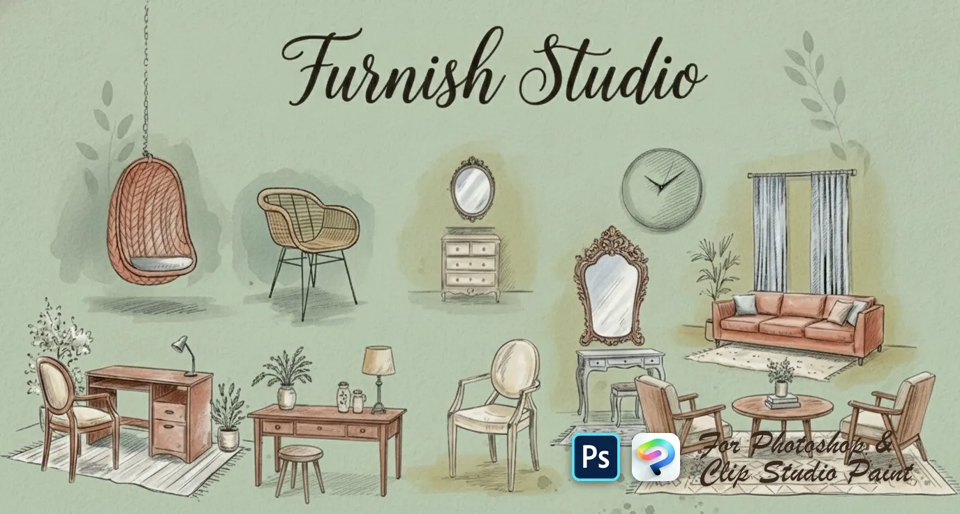 Furnish Studio Photoshop & Clip Studio Paint brush set — 67 brushes, interior