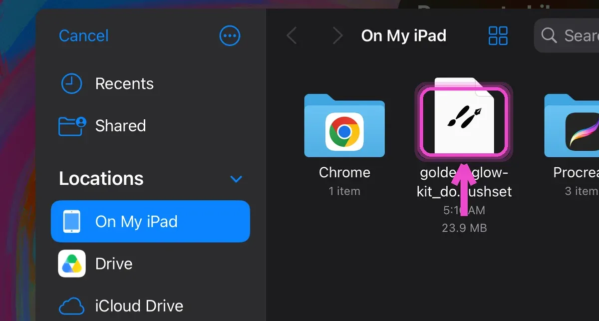 Select your brush file — How to Import Brushes into Procreate on iPad