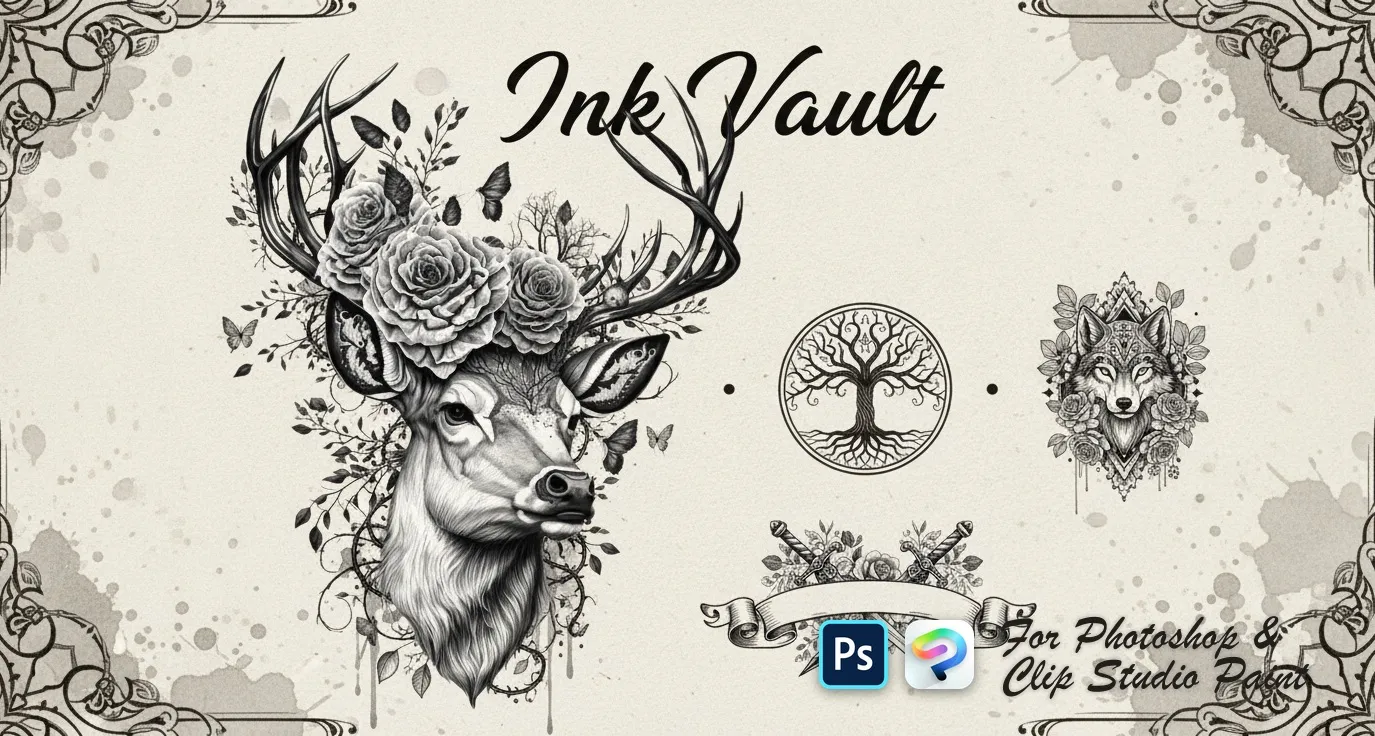 Ink Vault Photoshop & Clip Studio Paint brush set — 50 brushes, tattoo & inking