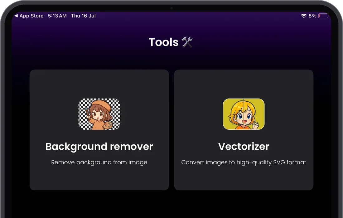 The Tools tab in the Brusher app — Background Remover and Vectorizer — on an iPad