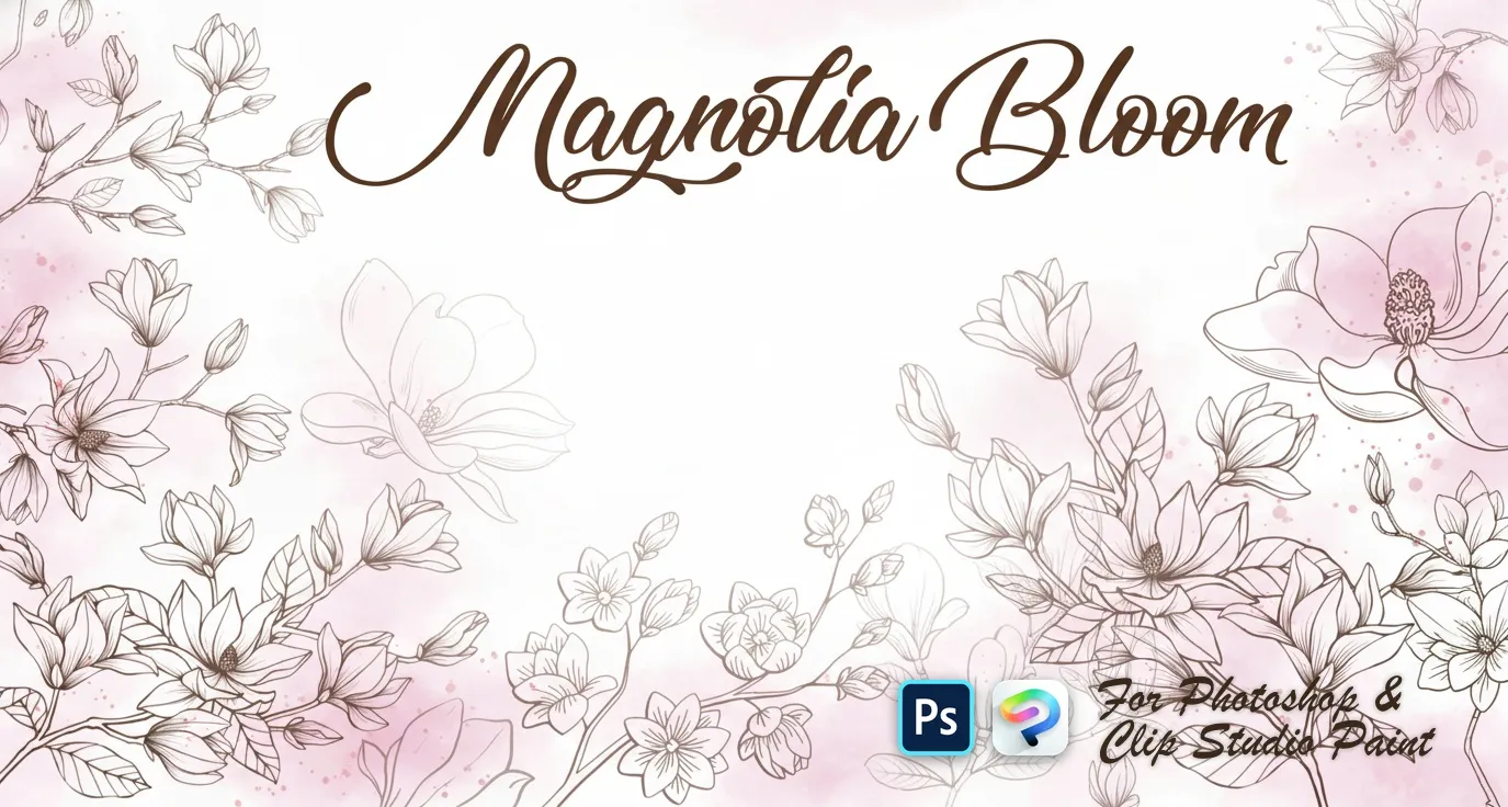 Magnolia Bloom Photoshop & Clip Studio Paint brush set — 60 brushes, tattoo & flowers