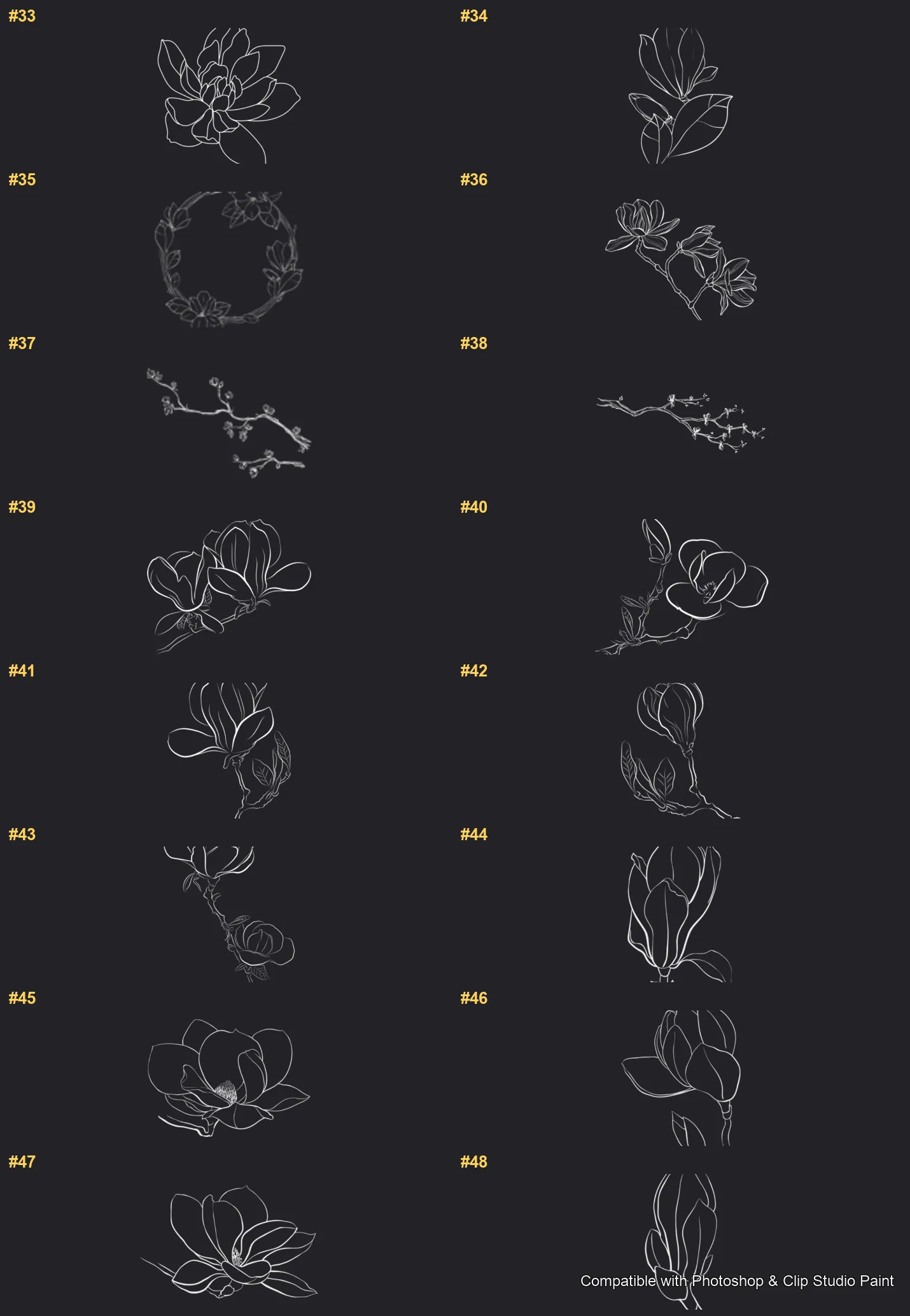 Magnolia Bloom Photoshop & Clip Studio Paint brushes overview sheet 3