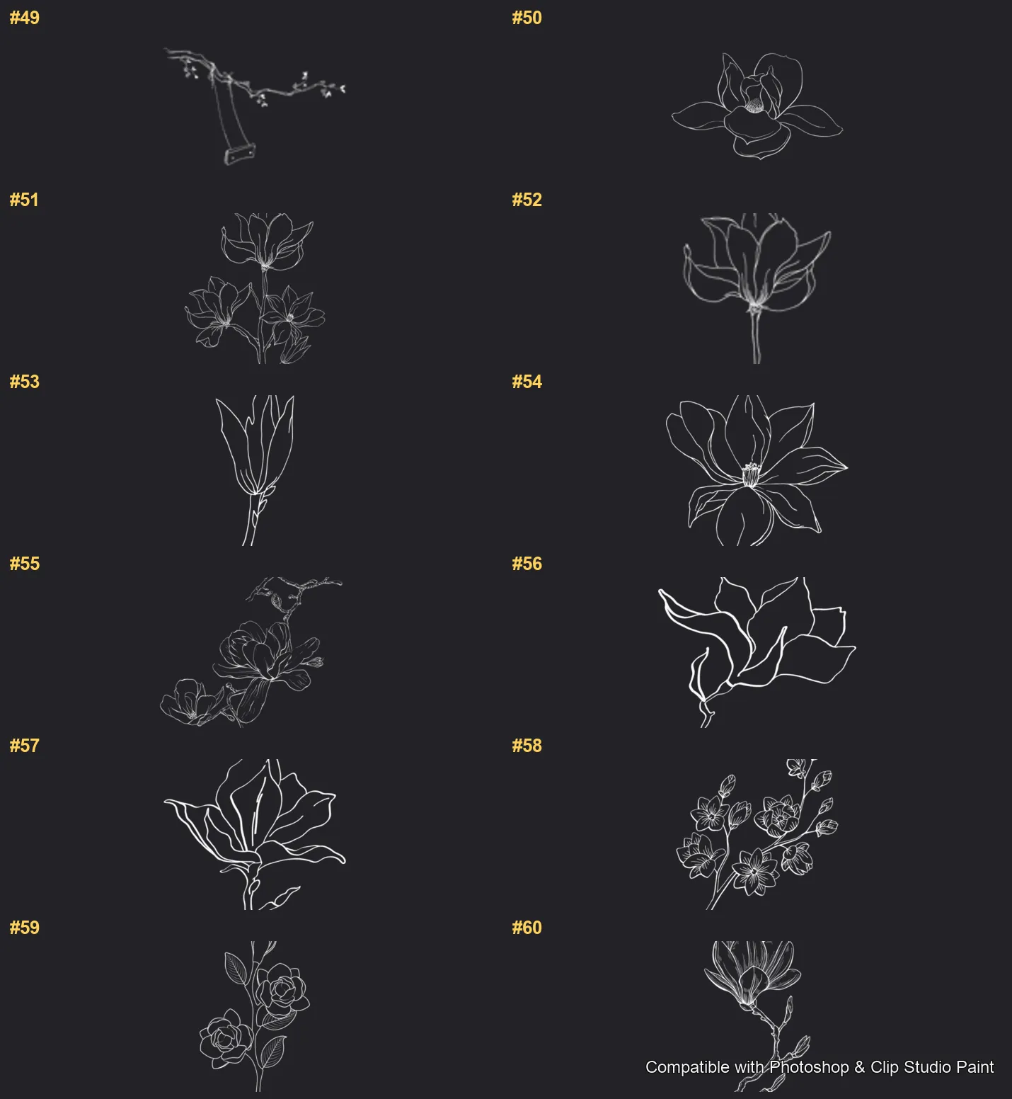 Magnolia Bloom Photoshop & Clip Studio Paint brushes overview sheet 4