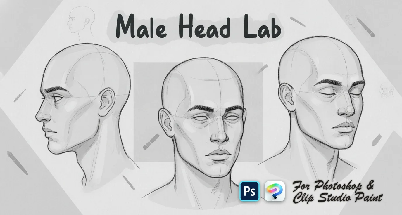 Male Head Lab Photoshop & Clip Studio Paint brush set — 34 brushes, portrait & reference