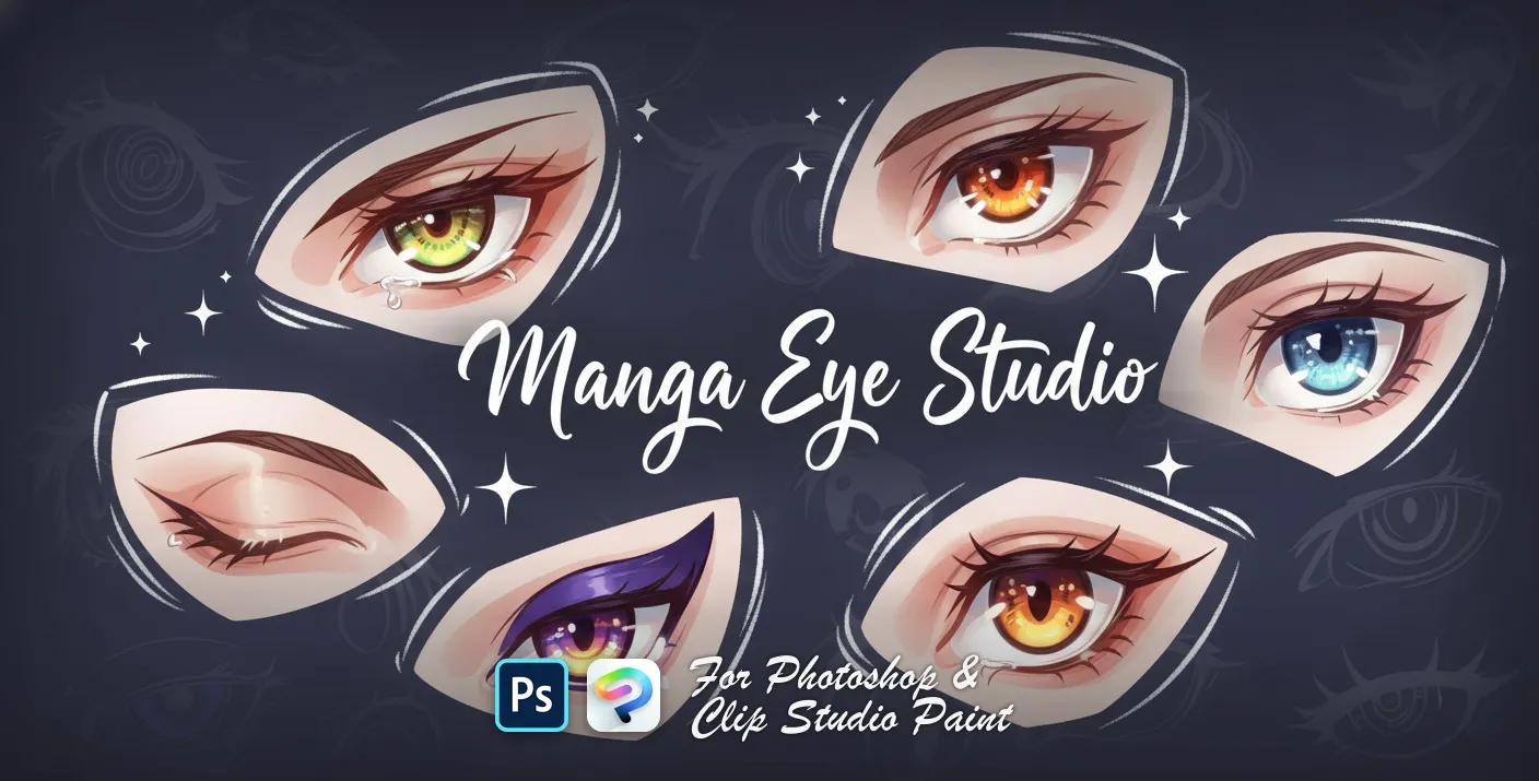 Manga Eye Studio Photoshop & Clip Studio Paint brush set — 44 brushes, anime & portrait