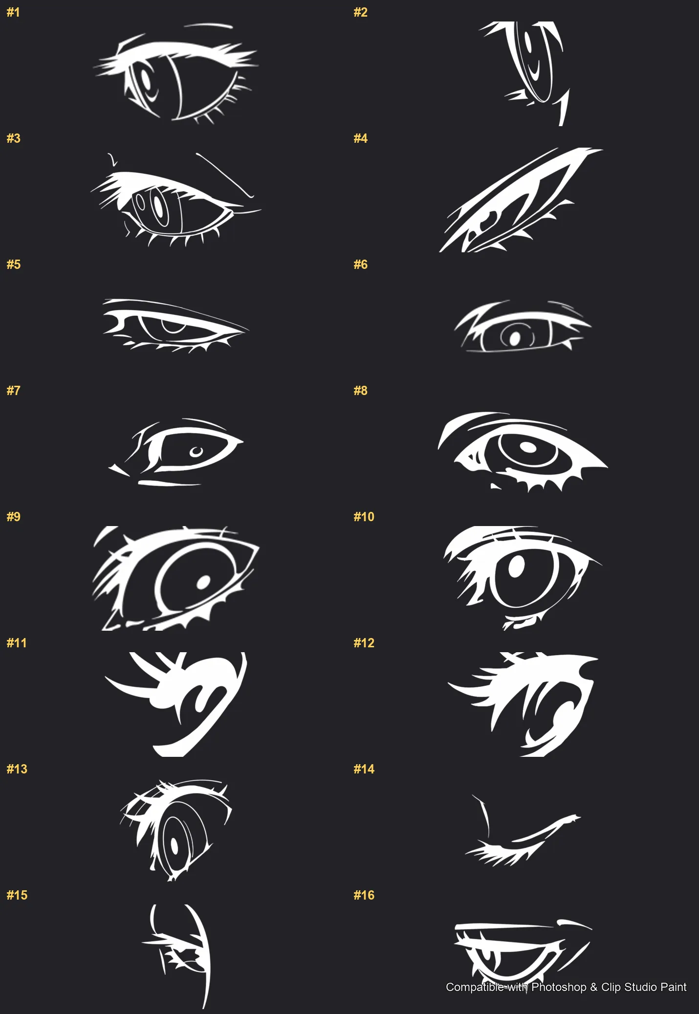 Manga Eye Studio Photoshop & Clip Studio Paint brushes overview sheet 1