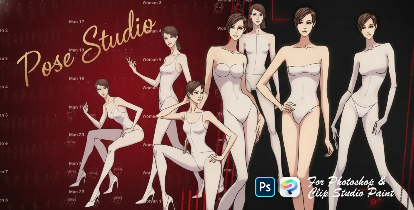 Pose Studio Photoshop & Clip Studio Paint brush set — 54 brushes, fashion