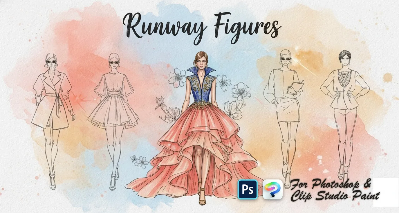 Runway Figures Photoshop & Clip Studio Paint brush set — 45 brushes, fashion & sketching