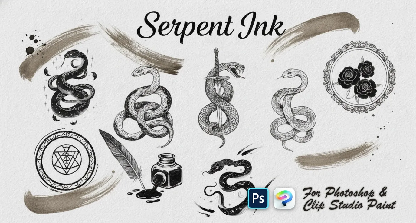Serpent Ink Photoshop & Clip Studio Paint brush set — 100 brushes, tattoo
