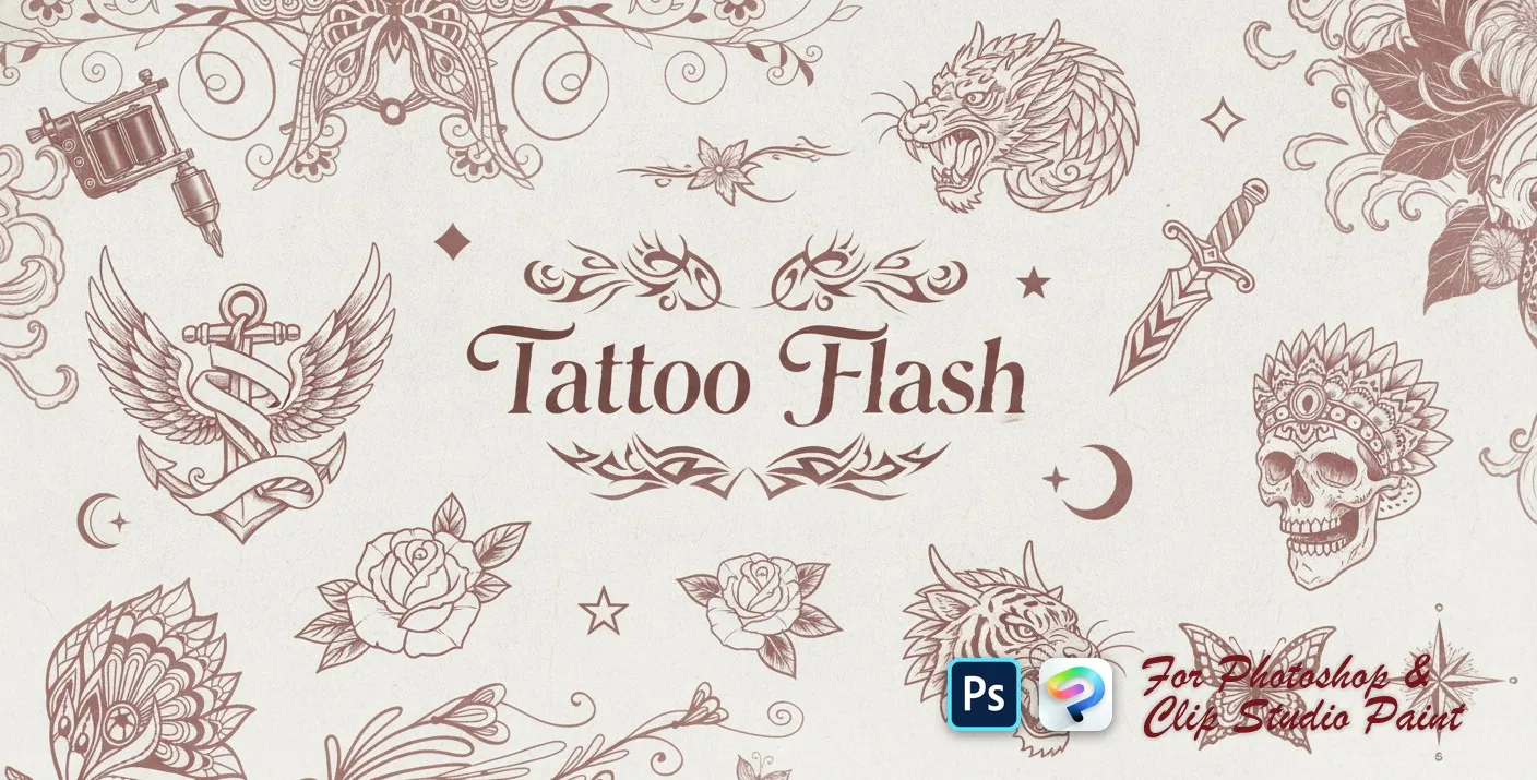 Tattoo Flash Photoshop & Clip Studio Paint brush set — 74 brushes, tattoo