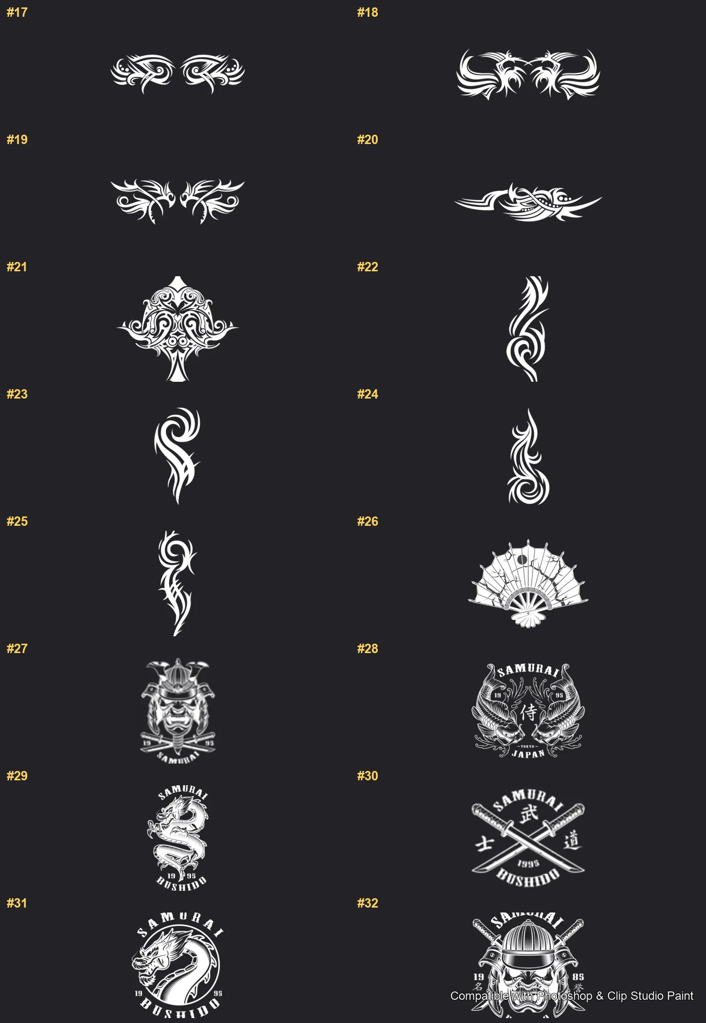 Tattoo Flash Photoshop & Clip Studio Paint brushes overview sheet 2