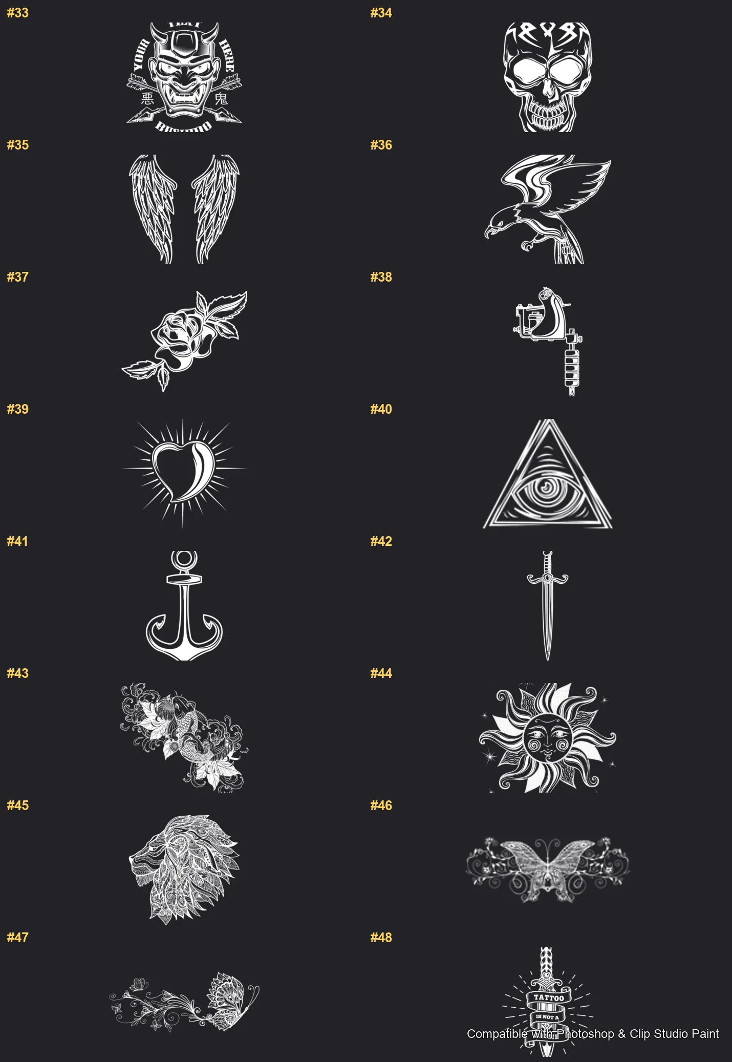 Tattoo Flash Photoshop & Clip Studio Paint brushes overview sheet 3