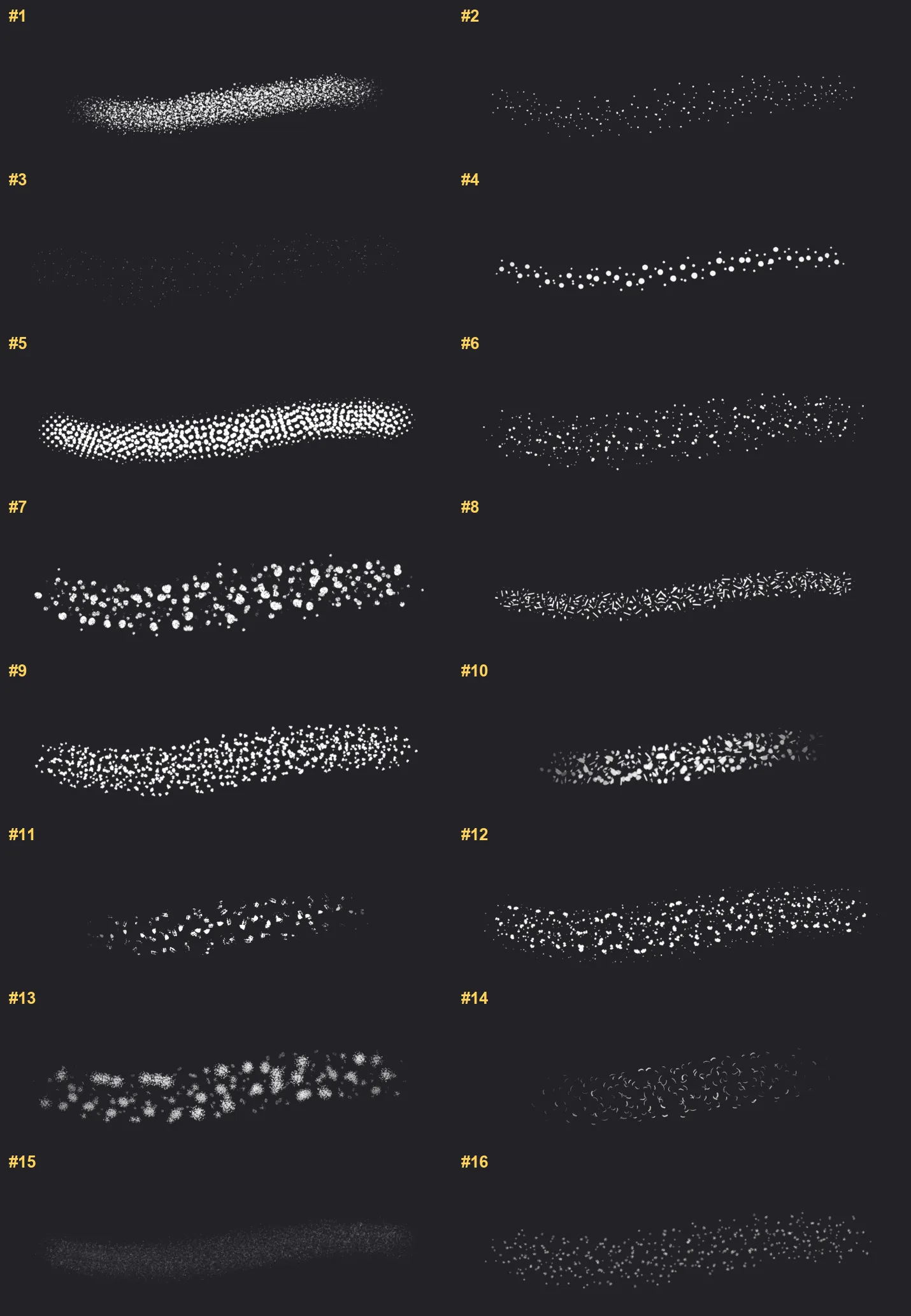 Contact sheet of grain brush strokes from the free Whole Grain Brushes set for Procreate