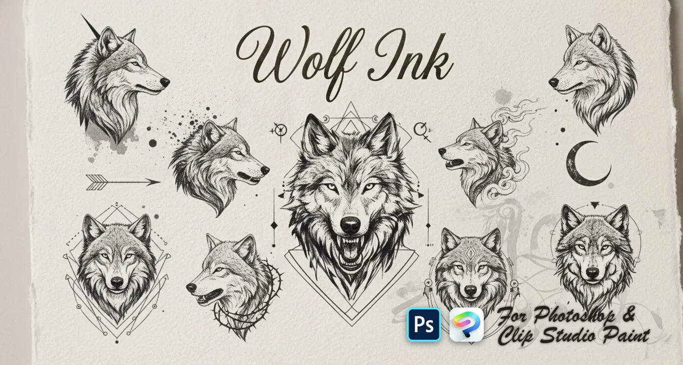 Wolf Ink Photoshop & Clip Studio Paint brush set — 100 brushes, tattoo