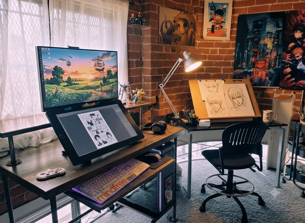 The studio where Brusher brushes are made — a drawing tablet and monitor on an artist's desk, with hand-drawn anime sketches on a drafting board and art prints on the wall.